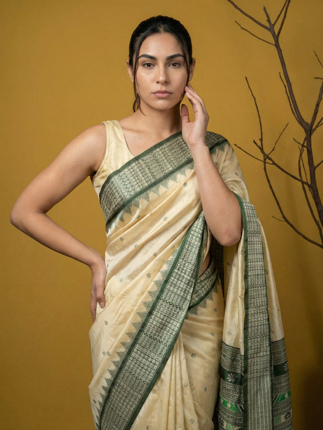 Bottle green handloom soft silk saree with zari woven motifs