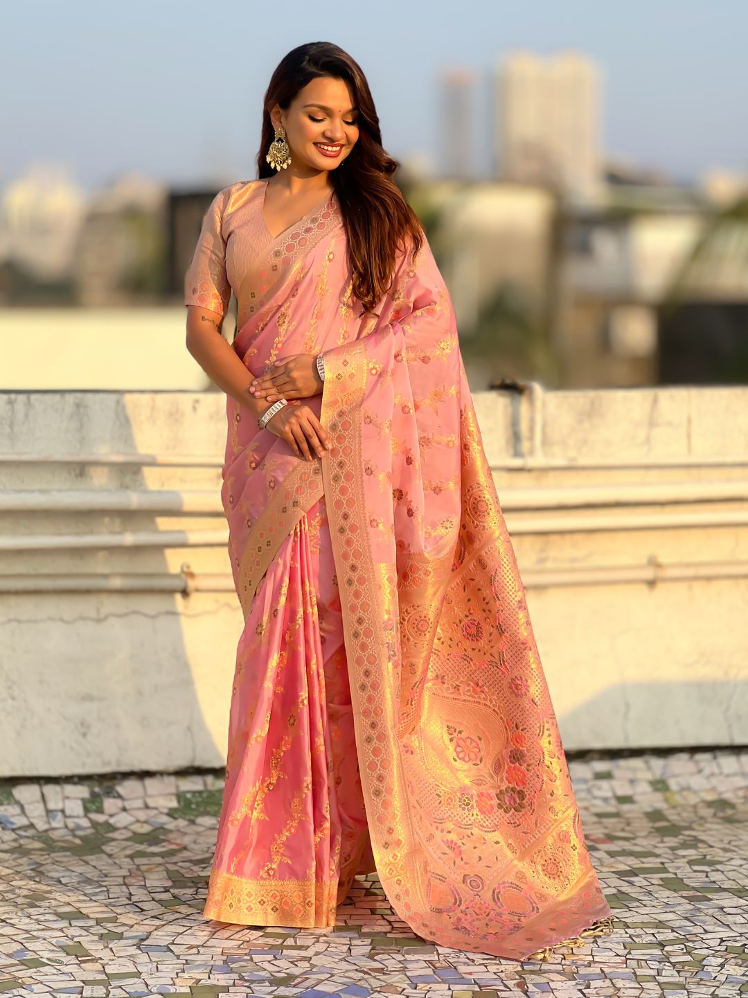 Premium Kora Silk Leheriya Meenakari Zari Woven Saree with Fancy Pallu and Brocade Blouse