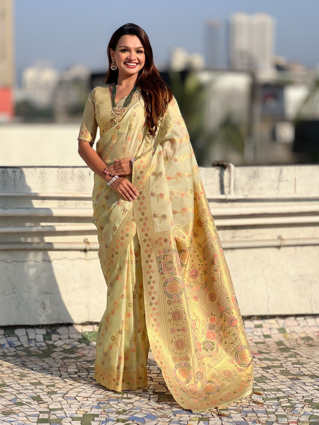 Premium Kora Silk Leheriya Meenakari Zari Woven Saree with Fancy Pallu and Brocade Blouse