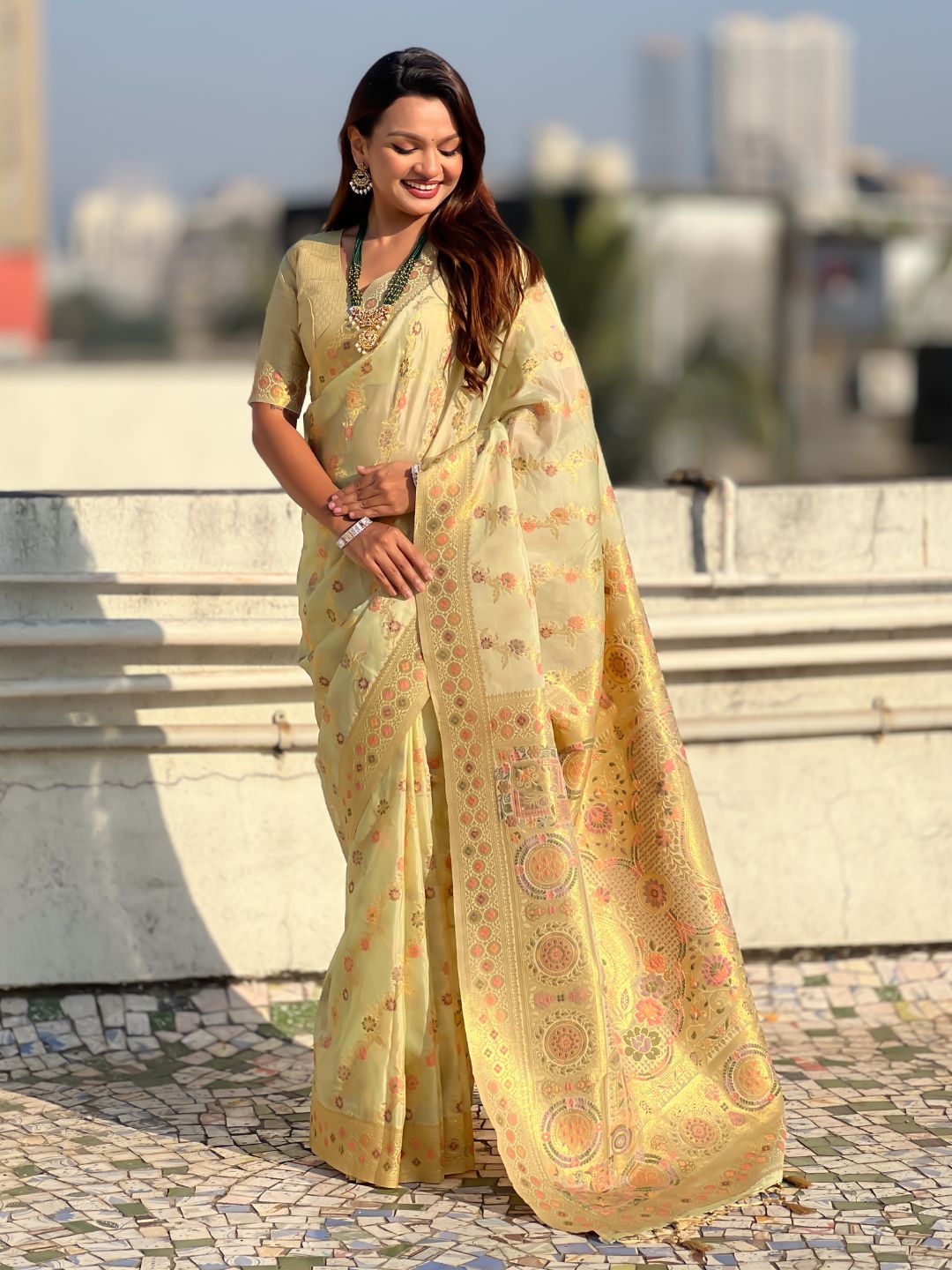 Premium Kora Silk Leheriya Meenakari Zari Woven Saree with Fancy Pallu and Brocade Blouse