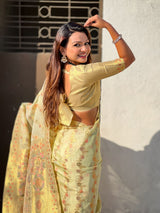 Premium Kora Silk Leheriya Meenakari Zari Woven Saree with Fancy Pallu and Brocade Blouse