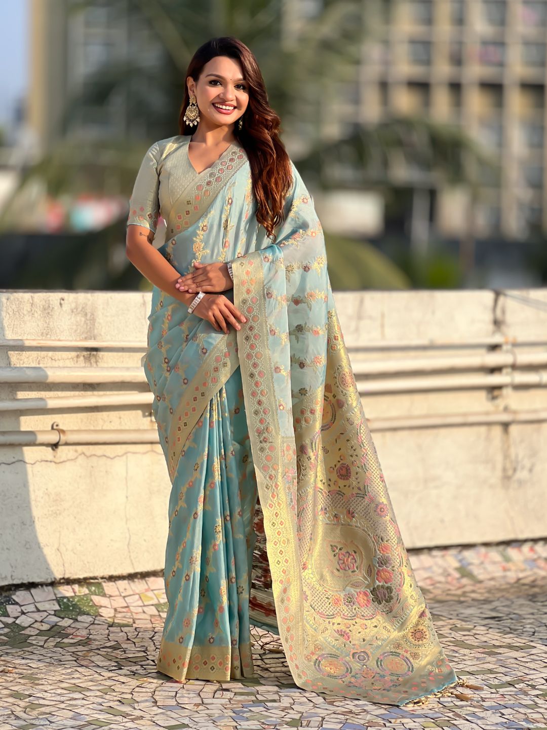 Premium Kora Silk Leheriya Meenakari Zari Woven Saree with Fancy Pallu and Brocade Blouse