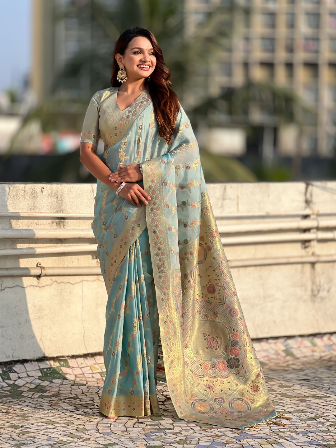 Premium Kora Silk Leheriya Meenakari Zari Woven Saree with Fancy Pallu and Brocade Blouse