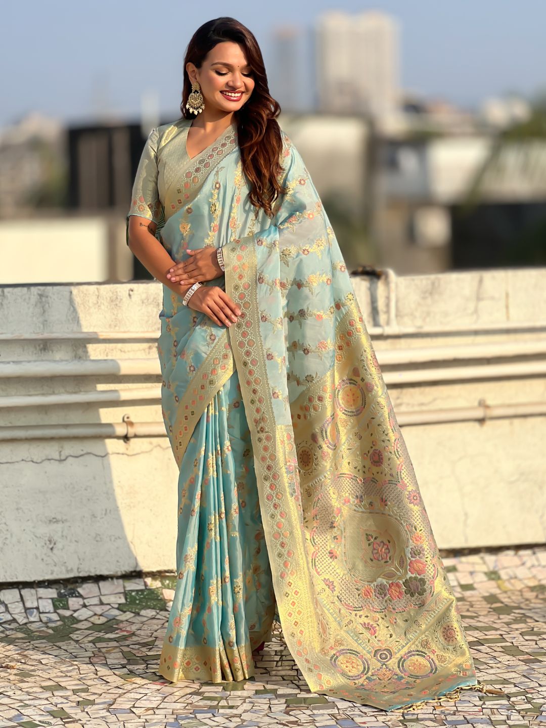 Premium Kora Silk Leheriya Meenakari Zari Woven Saree with Fancy Pallu and Brocade Blouse