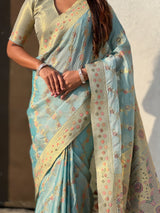Premium Kora Silk Leheriya Meenakari Zari Woven Saree with Fancy Pallu and Brocade Blouse