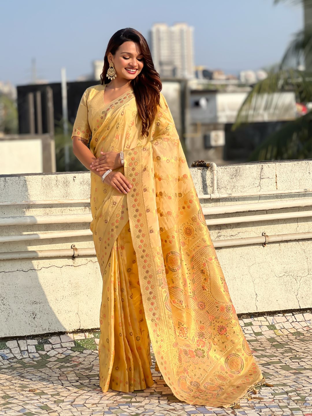 Premium Kora Silk Leheriya Meenakari Zari Woven Saree with Fancy Pallu and Brocade Blouse