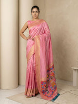 Baby Pink Soft Silk Saree Gold Zari Floral Motifs Meenakari Sparrow Pallu Saree With Running Blouse
