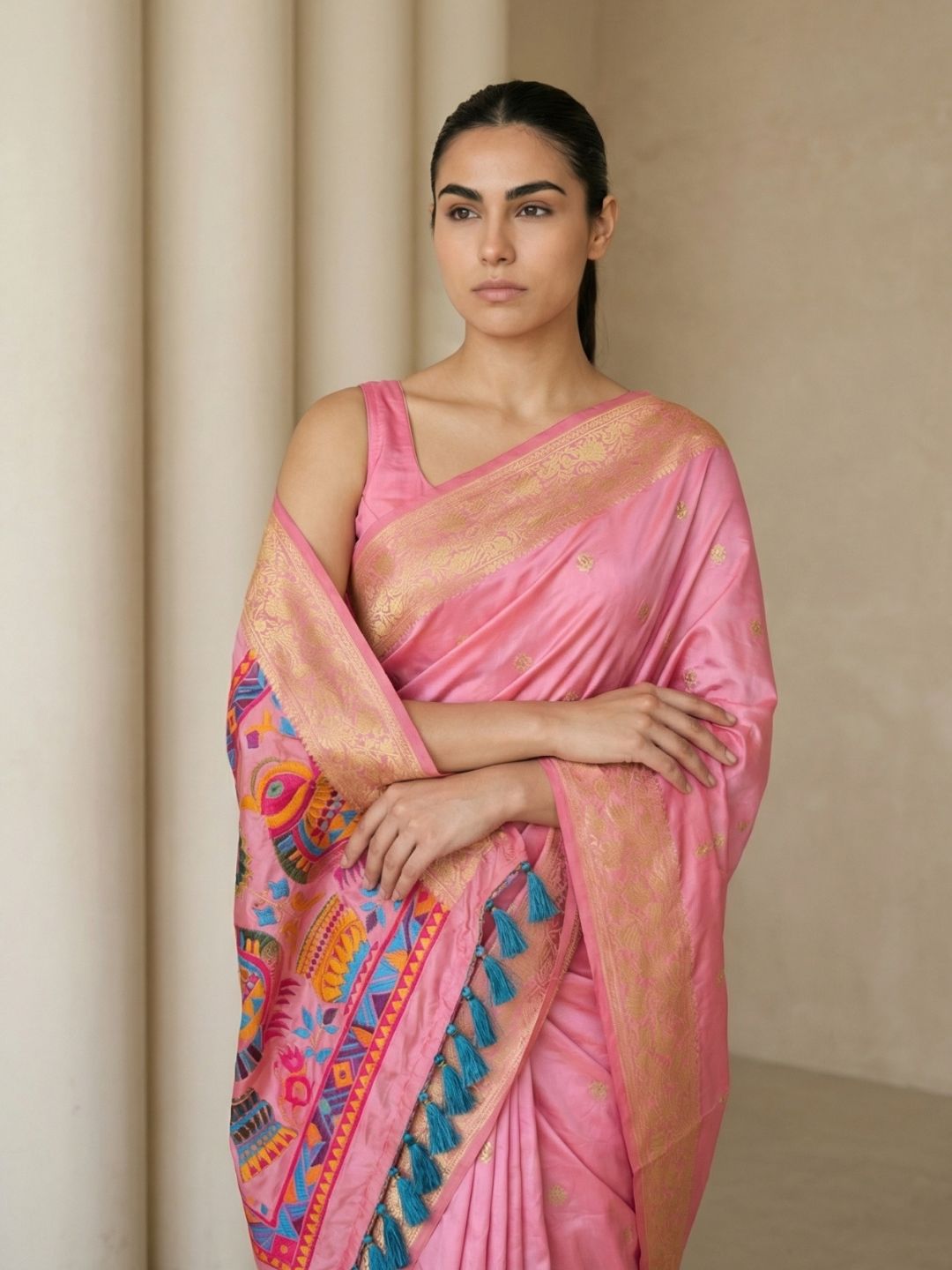 Baby Pink Soft Silk Saree Gold Zari Floral Motifs Meenakari Sparrow Pallu Saree With Running Blouse
