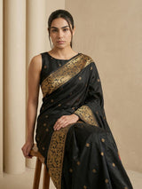 Black Soft Silk Saree Gold Zari Floral Motifs Meenakari Sparrow Pallu Saree With Running Blouse
