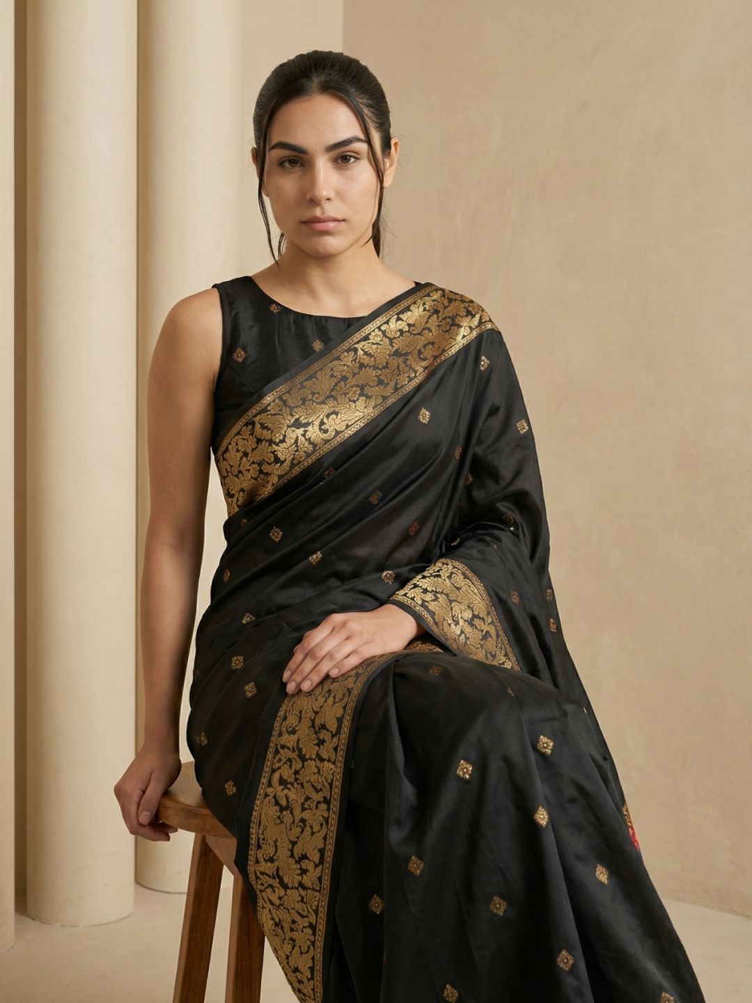 Black Soft Silk Saree Gold Zari Floral Motifs Meenakari Sparrow Pallu Saree With Running Blouse