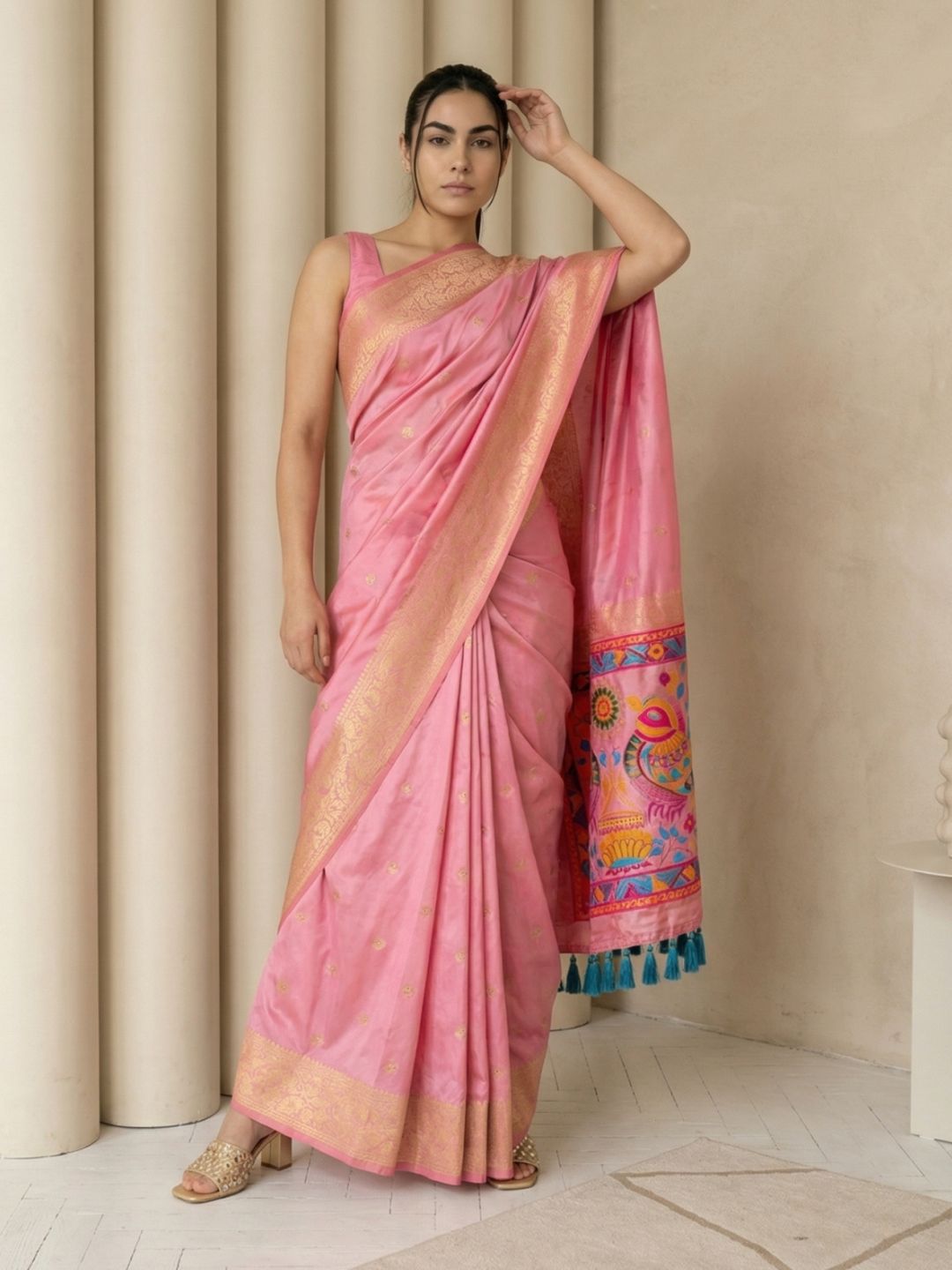 Baby Pink Soft Silk Saree Gold Zari Floral Motifs Meenakari Sparrow Pallu Saree With Running Blouse