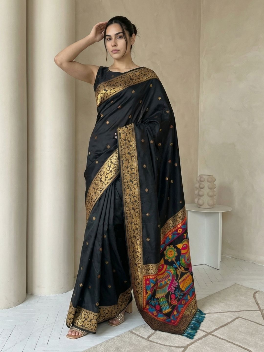Black Soft Silk Saree Gold Zari Floral Motifs Meenakari Sparrow Pallu Saree With Running Blouse