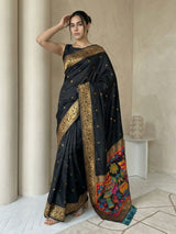 Black Soft Silk Saree Gold Zari Floral Motifs Meenakari Sparrow Pallu Saree With Running Blouse
