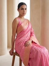 Baby Pink Soft Silk Saree Gold Zari Floral Motifs Meenakari Sparrow Pallu Saree With Running Blouse