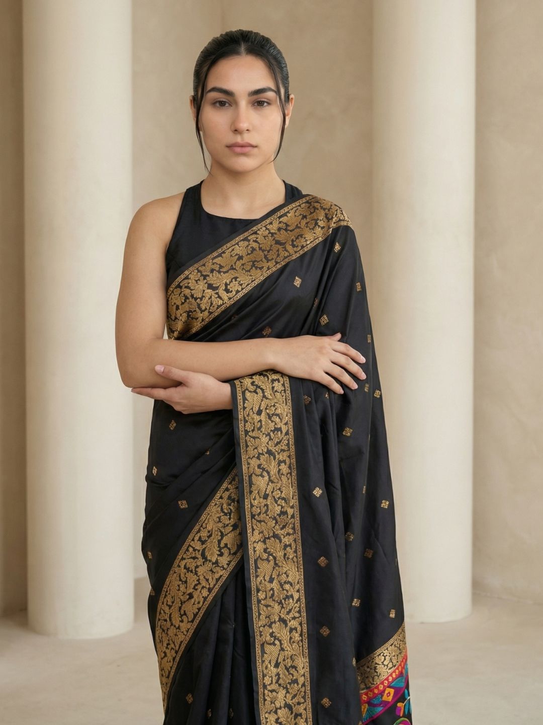 Black Soft Silk Saree Gold Zari Floral Motifs Meenakari Sparrow Pallu Saree With Running Blouse