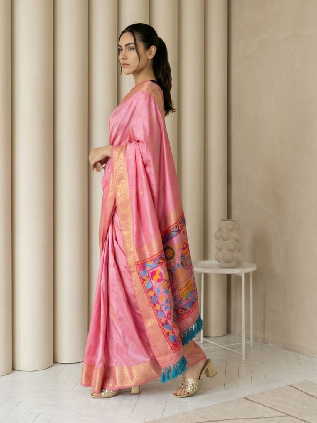 Baby Pink Soft Silk Saree Gold Zari Floral Motifs Meenakari Sparrow Pallu Saree With Running Blouse