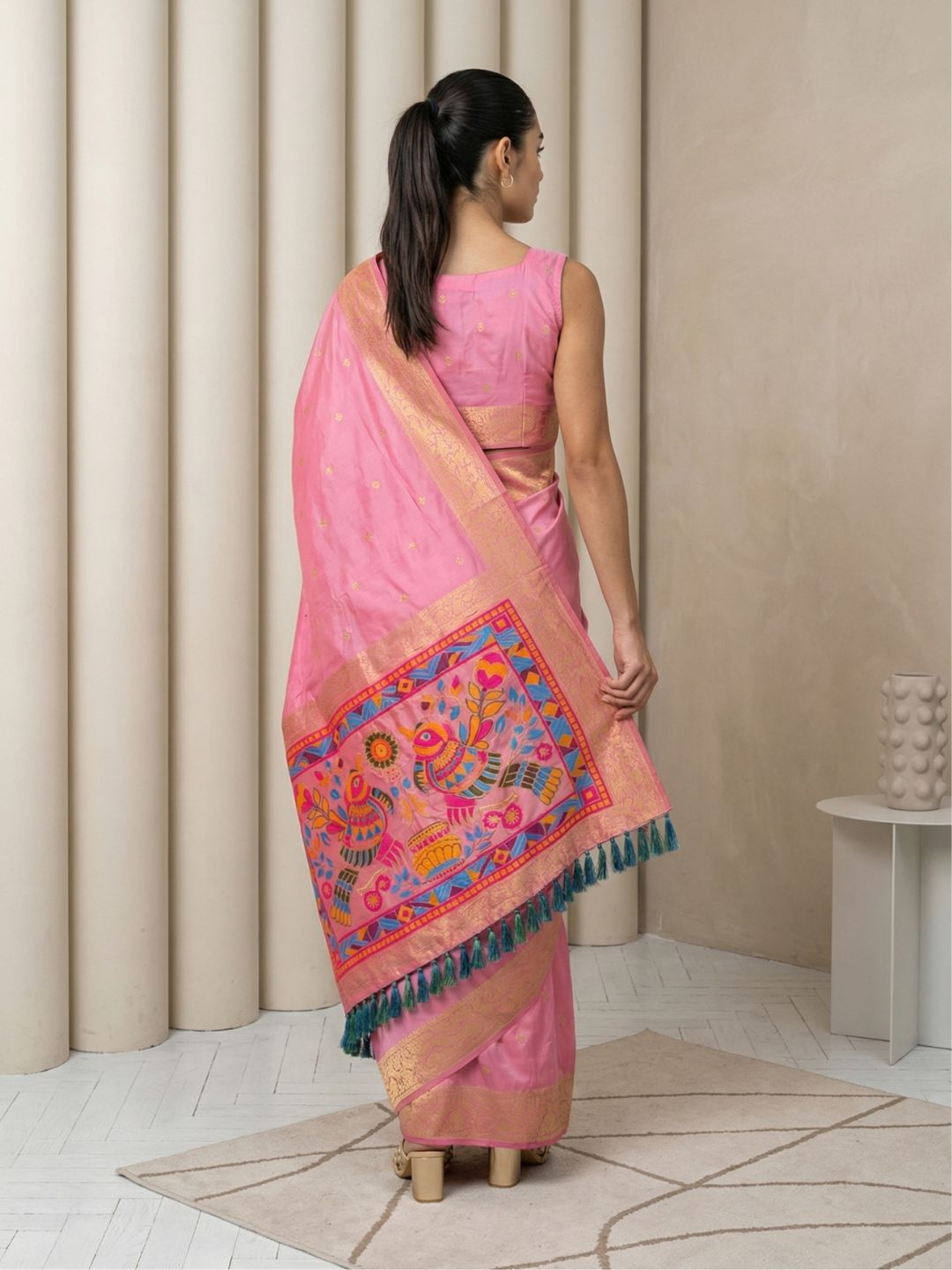 Baby Pink Soft Silk Saree Gold Zari Floral Motifs Meenakari Sparrow Pallu Saree With Running Blouse