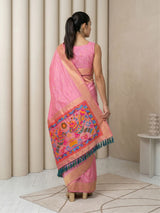 Baby Pink Soft Silk Saree Gold Zari Floral Motifs Meenakari Sparrow Pallu Saree With Running Blouse