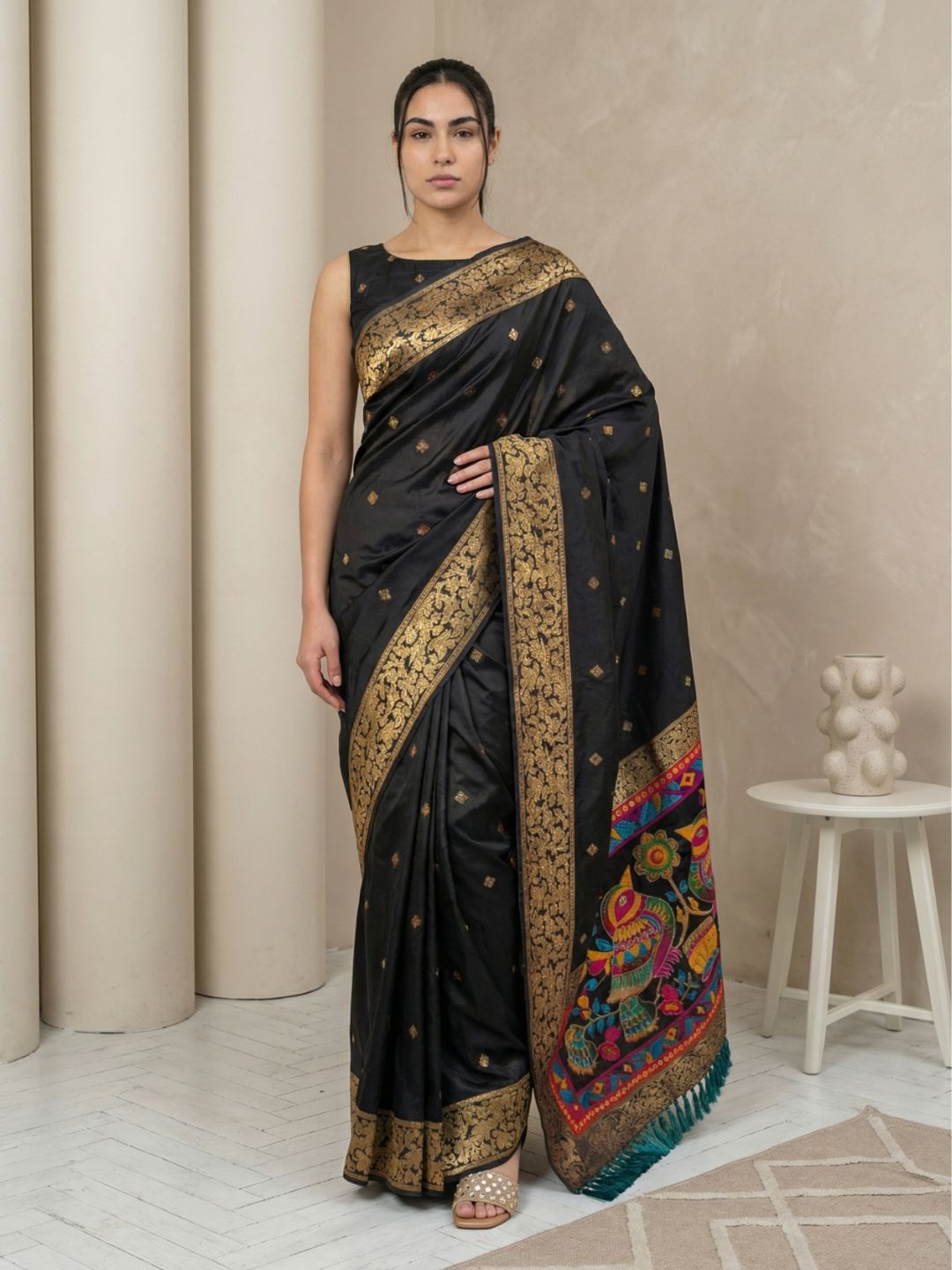 Black Soft Silk Saree Gold Zari Floral Motifs Meenakari Sparrow Pallu Saree With Running Blouse