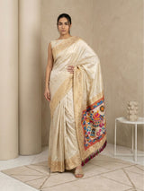 Cream Soft Silk Saree Gold Zari Floral Motifs Meenakari Sparrow Pallu Saree With Running Blouse