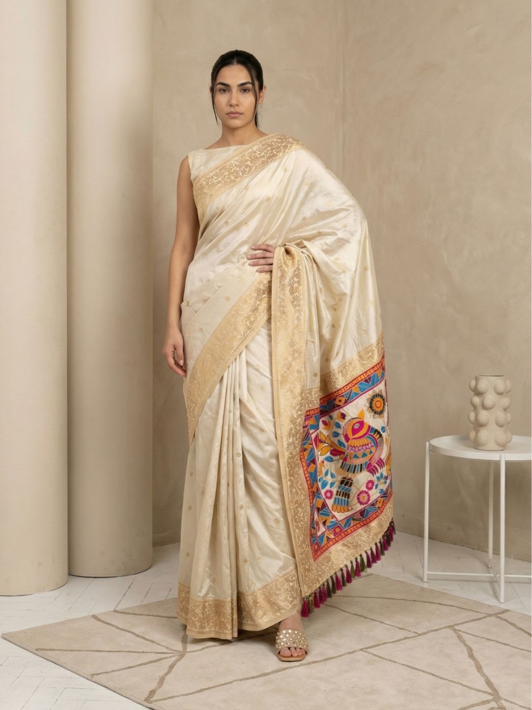 Cream Soft Silk Saree Gold Zari Floral Motifs Meenakari Sparrow Pallu Saree With Running Blouse