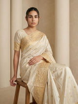 Cream Soft Silk Saree Gold Zari Floral Motifs Meenakari Sparrow Pallu Saree With Running Blouse