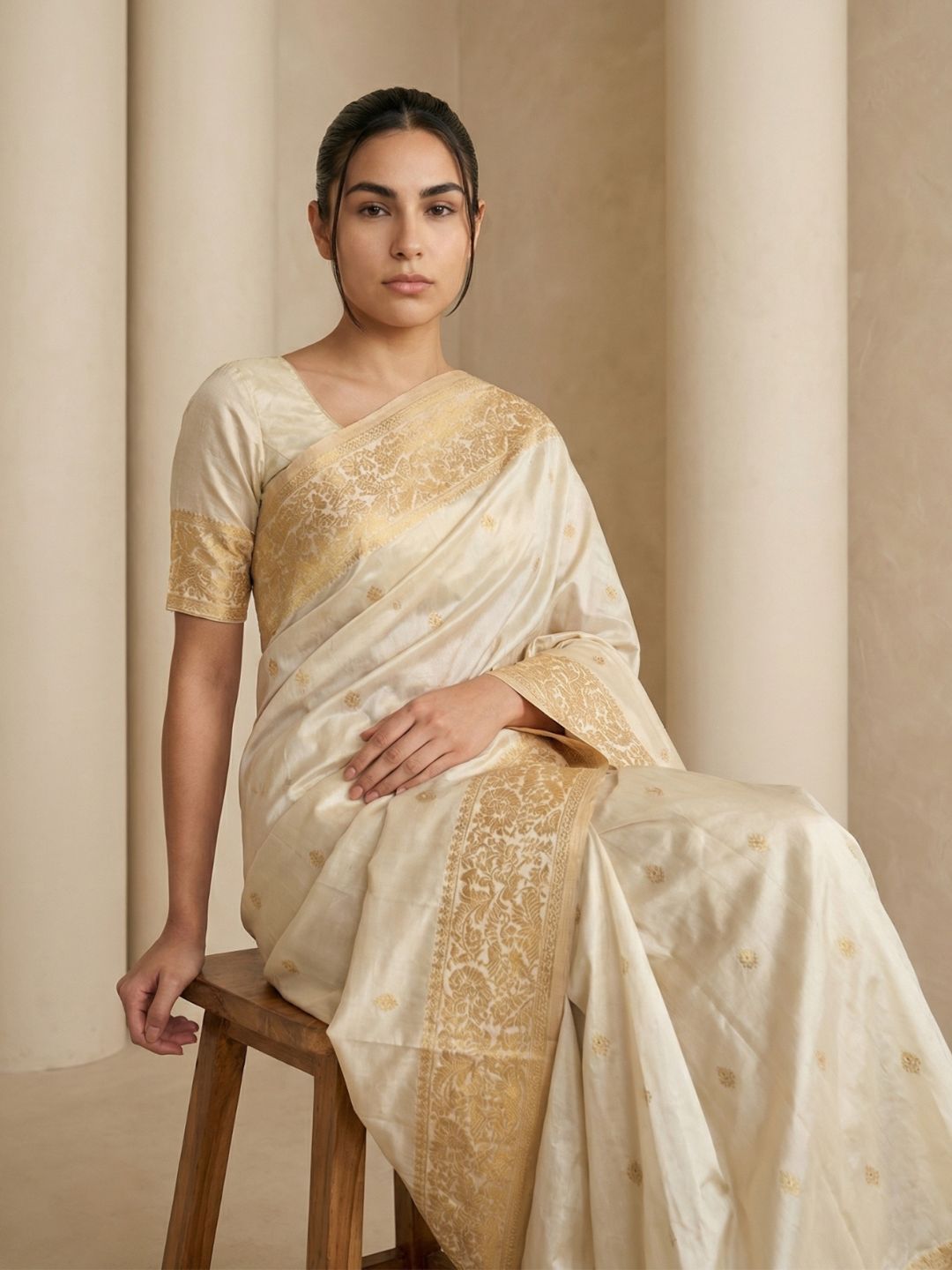 Cream Soft Silk Saree Gold Zari Floral Motifs Meenakari Sparrow Pallu Saree With Running Blouse