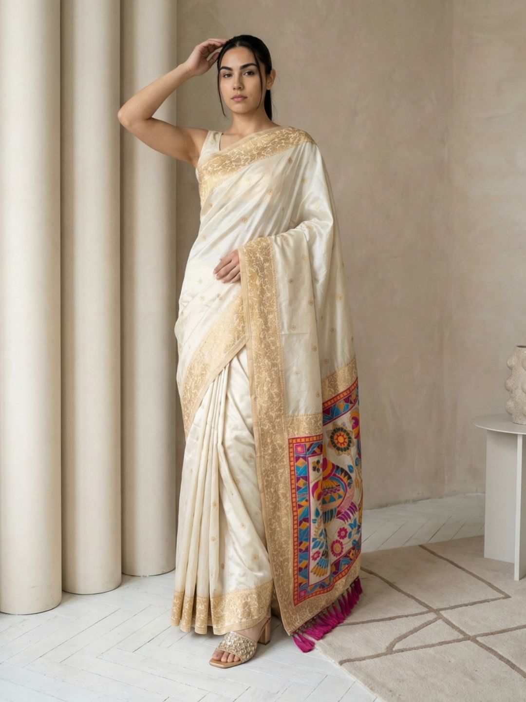 Cream Soft Silk Saree Gold Zari Floral Motifs Meenakari Sparrow Pallu Saree With Running Blouse