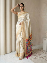 Cream Soft Silk Saree Gold Zari Floral Motifs Meenakari Sparrow Pallu Saree With Running Blouse