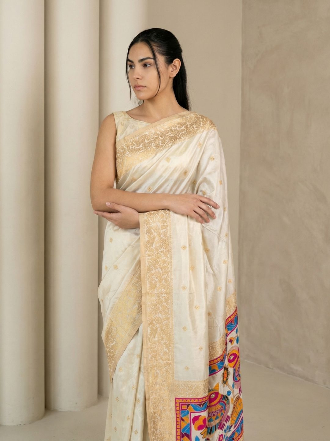 Cream Soft Silk Saree Gold Zari Floral Motifs Meenakari Sparrow Pallu Saree With Running Blouse