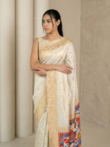 Cream Soft Silk Saree Gold Zari Floral Motifs Meenakari Sparrow Pallu Saree With Running Blouse