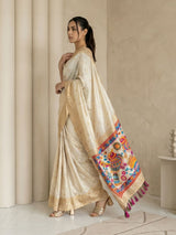 Cream Soft Silk Saree Gold Zari Floral Motifs Meenakari Sparrow Pallu Saree With Running Blouse