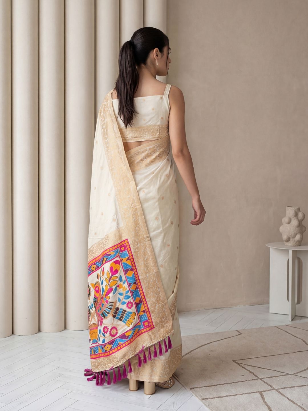 Cream Soft Silk Saree Gold Zari Floral Motifs Meenakari Sparrow Pallu Saree With Running Blouse