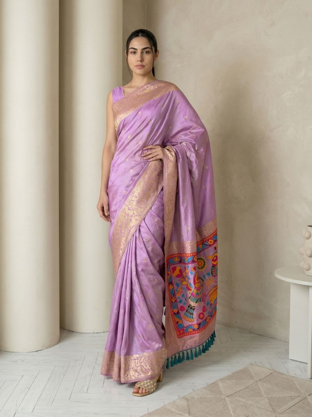 Fancy Pink Soft Silk Saree Gold Zari Floral Motifs Meenakari Sparrow Pallu Saree With Running Blouse