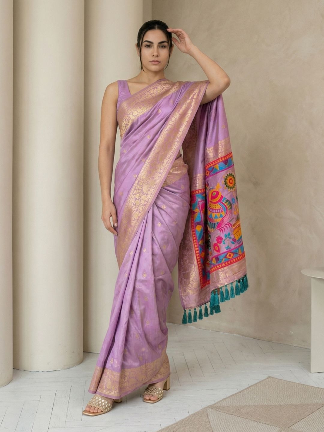 Fancy Pink Soft Silk Saree Gold Zari Floral Motifs Meenakari Sparrow Pallu Saree With Running Blouse