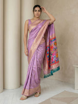 Fancy Pink Soft Silk Saree Gold Zari Floral Motifs Meenakari Sparrow Pallu Saree With Running Blouse