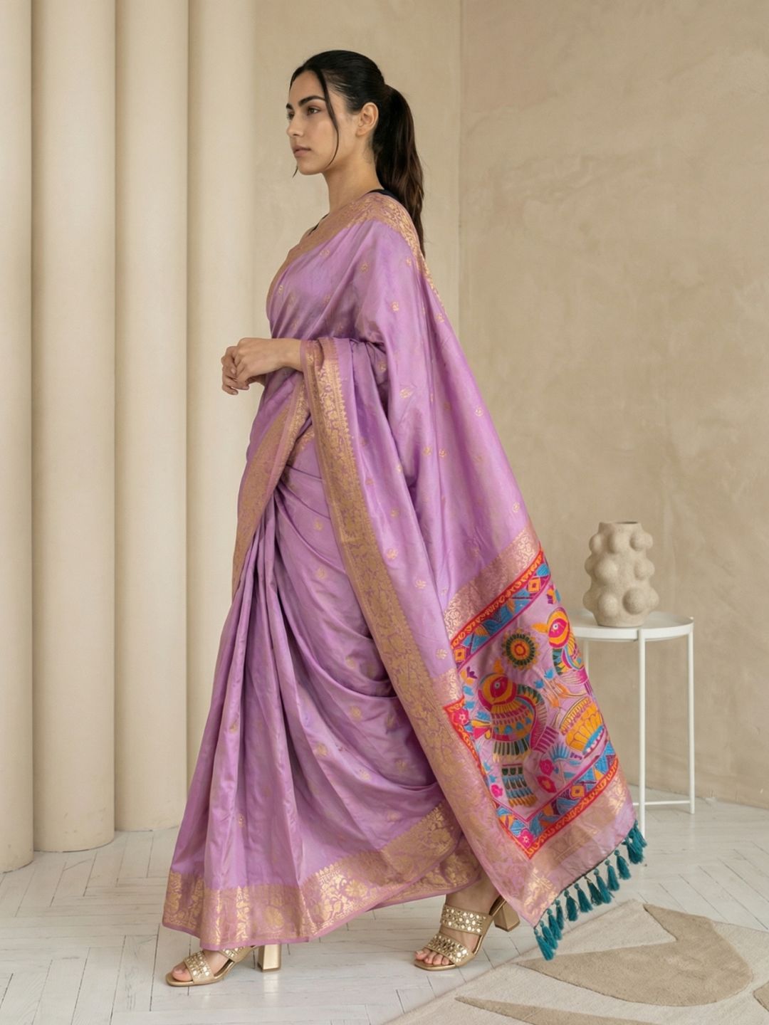 Fancy Pink Soft Silk Saree Gold Zari Floral Motifs Meenakari Sparrow Pallu Saree With Running Blouse