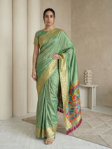 Green Soft Silk Saree Gold Zari Floral Motifs Meenakari Sparrow Pallu Saree With Running Blouse