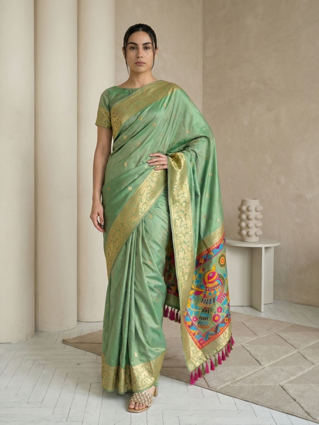 Green Soft Silk Saree Gold Zari Floral Motifs Meenakari Sparrow Pallu Saree With Running Blouse