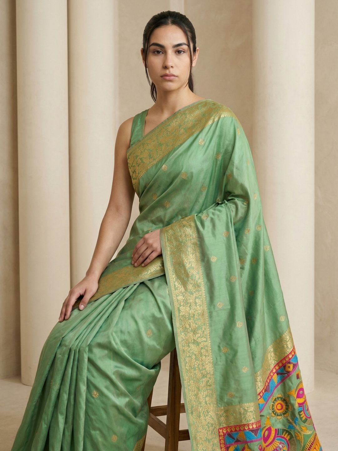 Green Soft Silk Saree Gold Zari Floral Motifs Meenakari Sparrow Pallu Saree With Running Blouse