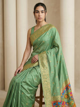 Green Soft Silk Saree Gold Zari Floral Motifs Meenakari Sparrow Pallu Saree With Running Blouse