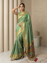 Green Soft Silk Saree Gold Zari Floral Motifs Meenakari Sparrow Pallu Saree With Running Blouse