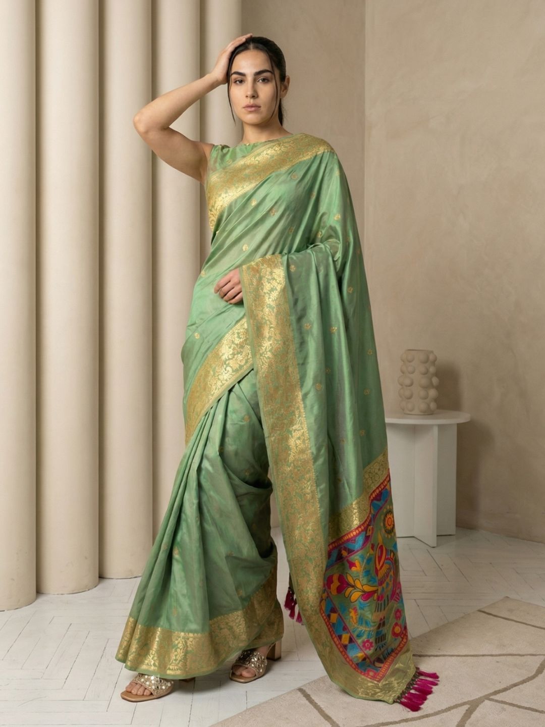 Green Soft Silk Saree Gold Zari Floral Motifs Meenakari Sparrow Pallu Saree With Running Blouse