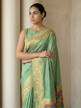 Green Soft Silk Saree Gold Zari Floral Motifs Meenakari Sparrow Pallu Saree With Running Blouse