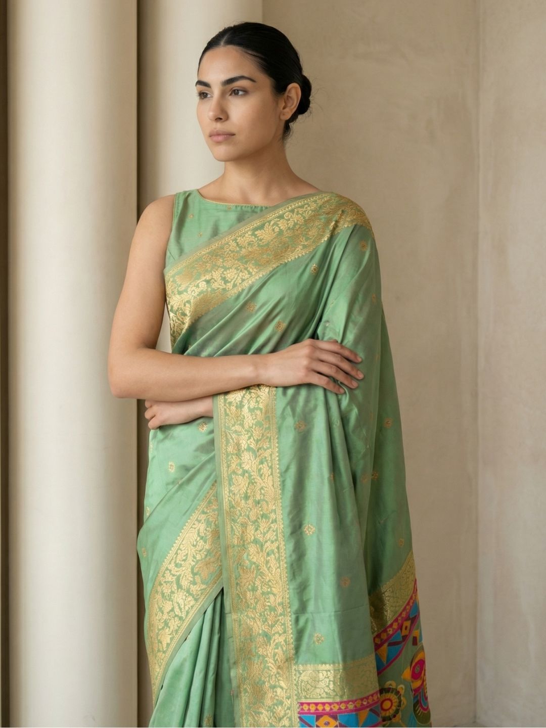 Green Soft Silk Saree Gold Zari Floral Motifs Meenakari Sparrow Pallu Saree With Running Blouse