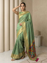 Green Soft Silk Saree Gold Zari Floral Motifs Meenakari Sparrow Pallu Saree With Running Blouse