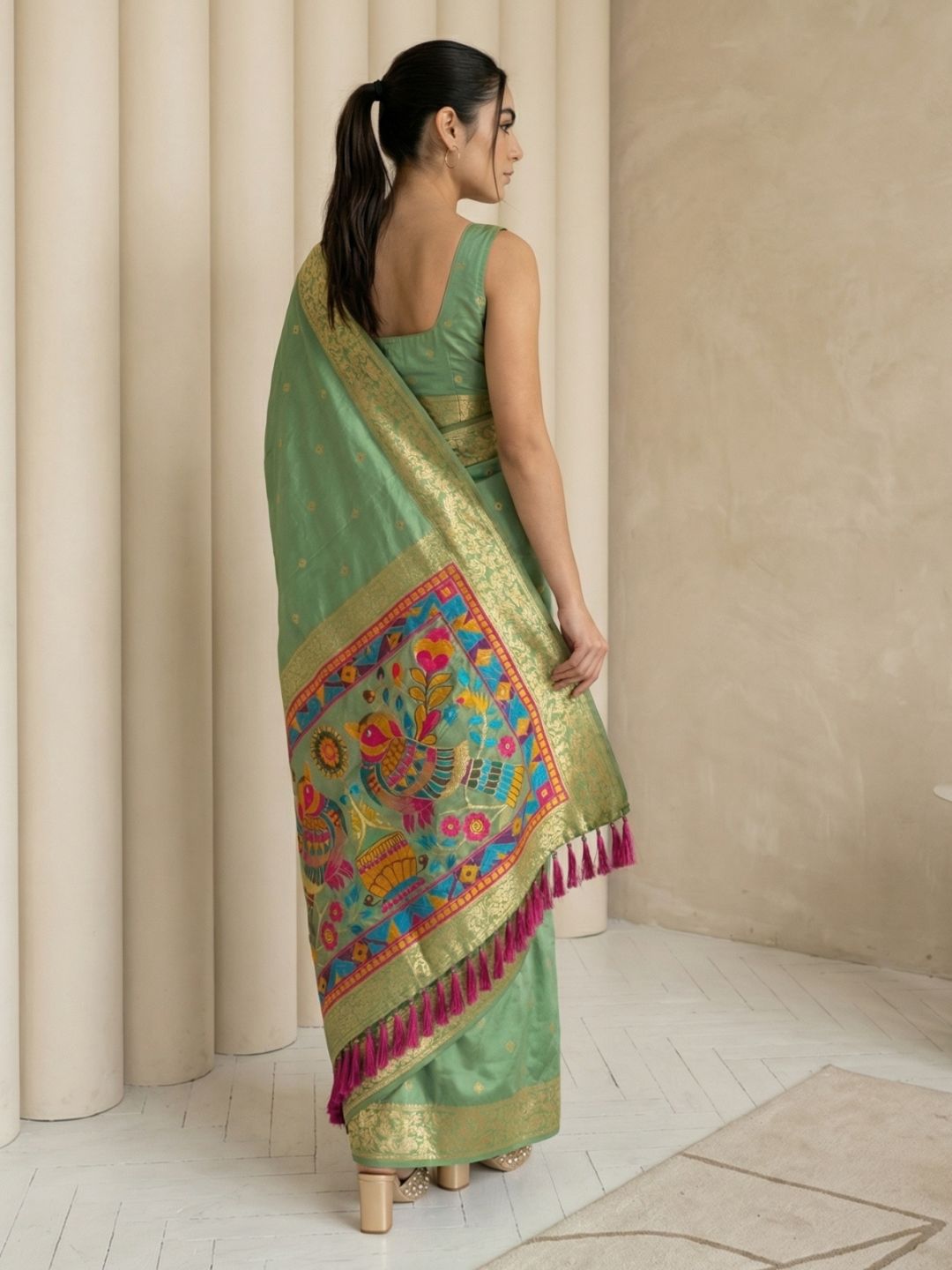 Green Soft Silk Saree Gold Zari Floral Motifs Meenakari Sparrow Pallu Saree With Running Blouse