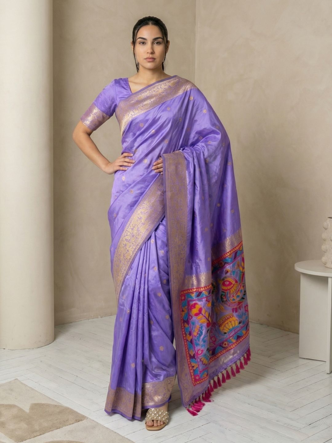 Lavender Soft Silk Saree Gold Zari Floral Motifs Meenakari Sparrow Pallu Saree With Running Blouse