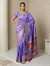 Lavender Soft Silk Saree Gold Zari Floral Motifs Meenakari Sparrow Pallu Saree With Running Blouse