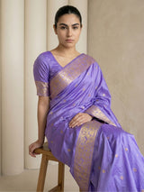Lavender Soft Silk Saree Gold Zari Floral Motifs Meenakari Sparrow Pallu Saree With Running Blouse